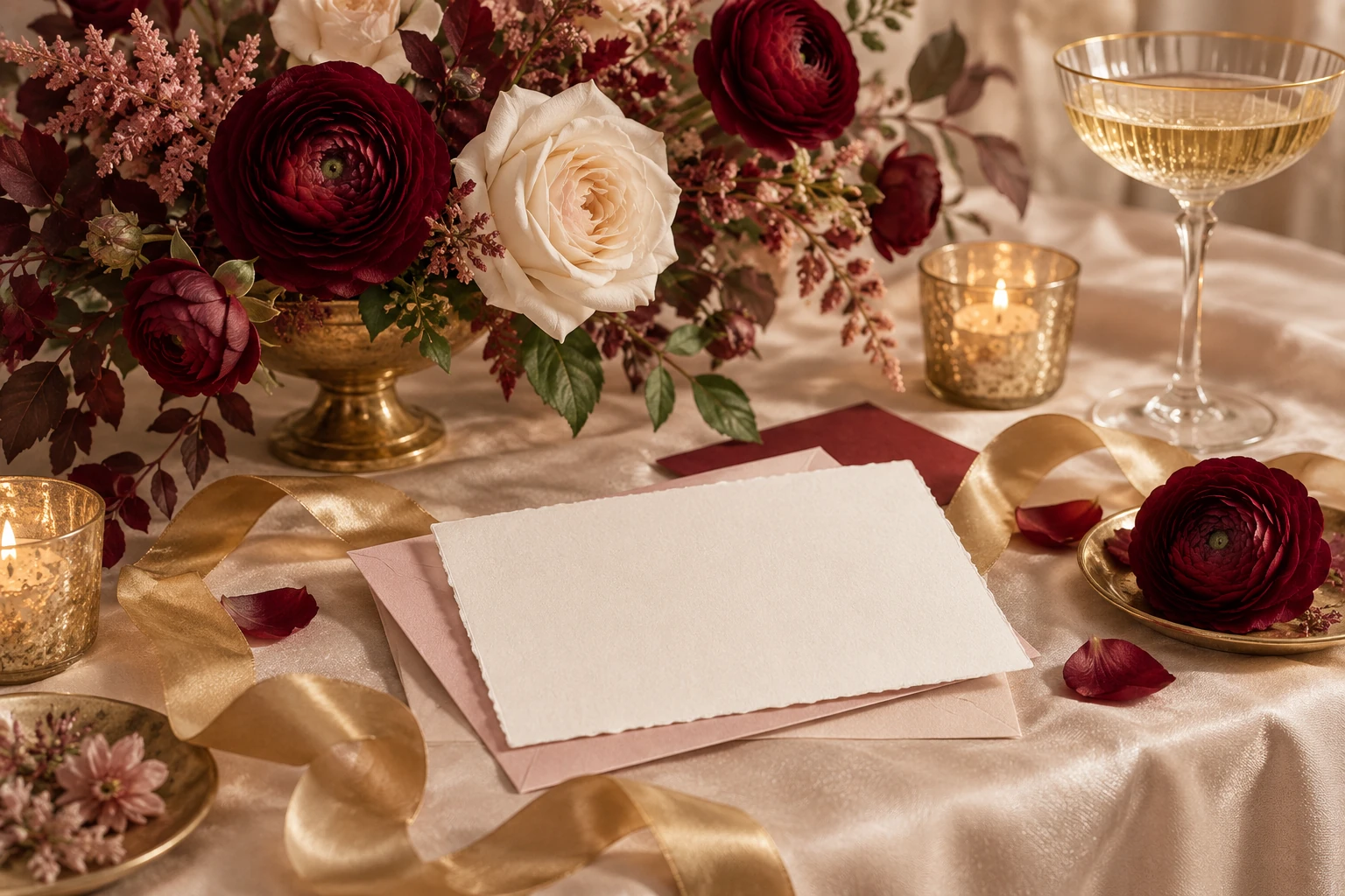 Illustrative burgundy and cream floral event table with ribbon and blank invitation paper; no specific venue, client or event is depicted.
